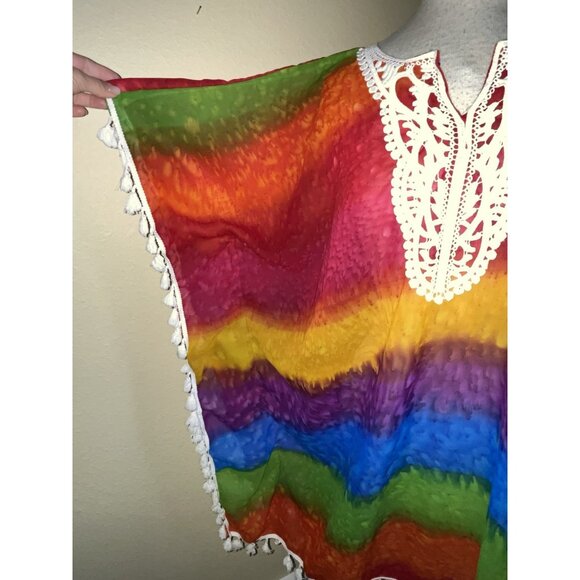 CYN Rainbow Kimono Cover Up Tunic Dress Artsy Boho Tassels Lace ONE SIZE - Picture 4 of 9